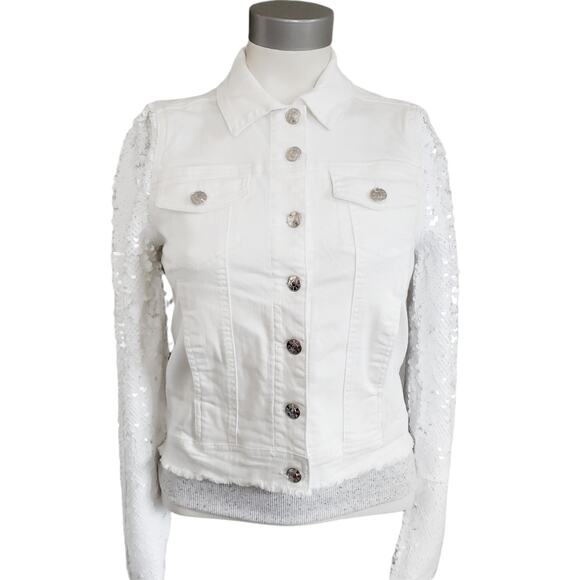 Generation Love Jackets & Blazers - GENERATION LOVE Rosie sequined sleeve white raw hem denim jeans jacket Sz XS NEW